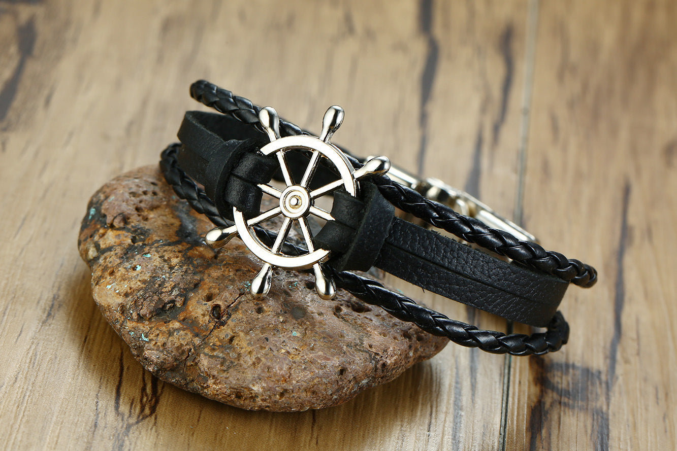 Alloy Buckle Rudder Leather Bracelet Black Bijou Her