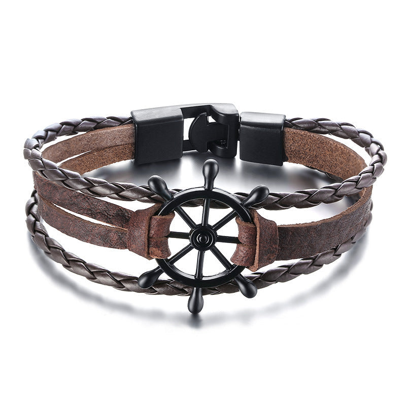 Alloy Buckle Rudder Leather Bracelet Black Bijou Her