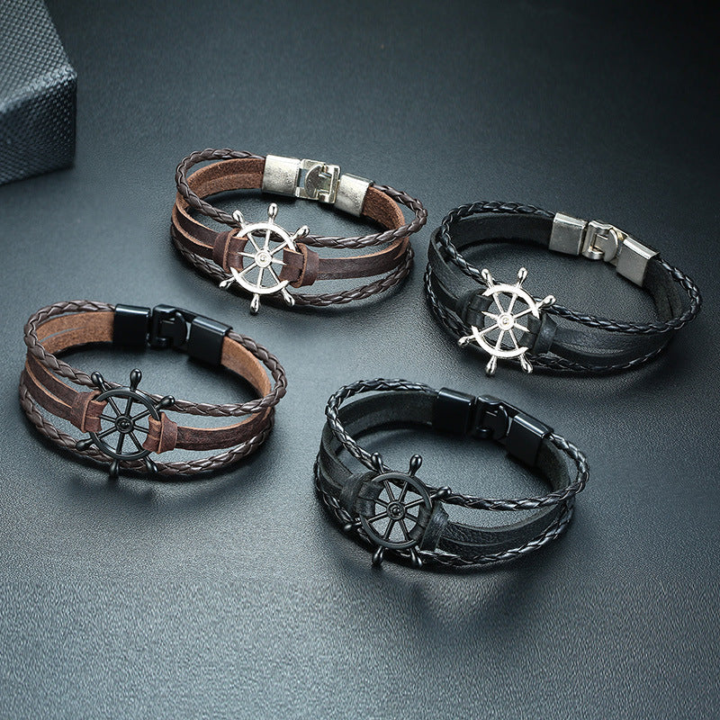 Alloy Buckle Rudder Leather Bracelet Black Bijou Her