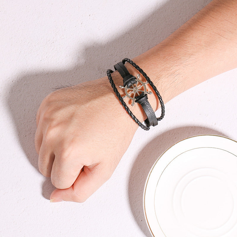 Alloy Buckle Rudder Leather Bracelet Black Bijou Her