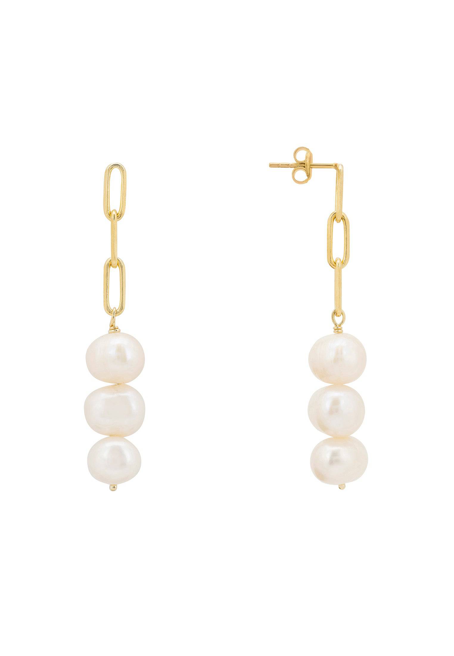 Amelia Three Pearl Drop Earrings in Gold - Timeless and Elegant Jewelry for Special Occasions Bijou Her