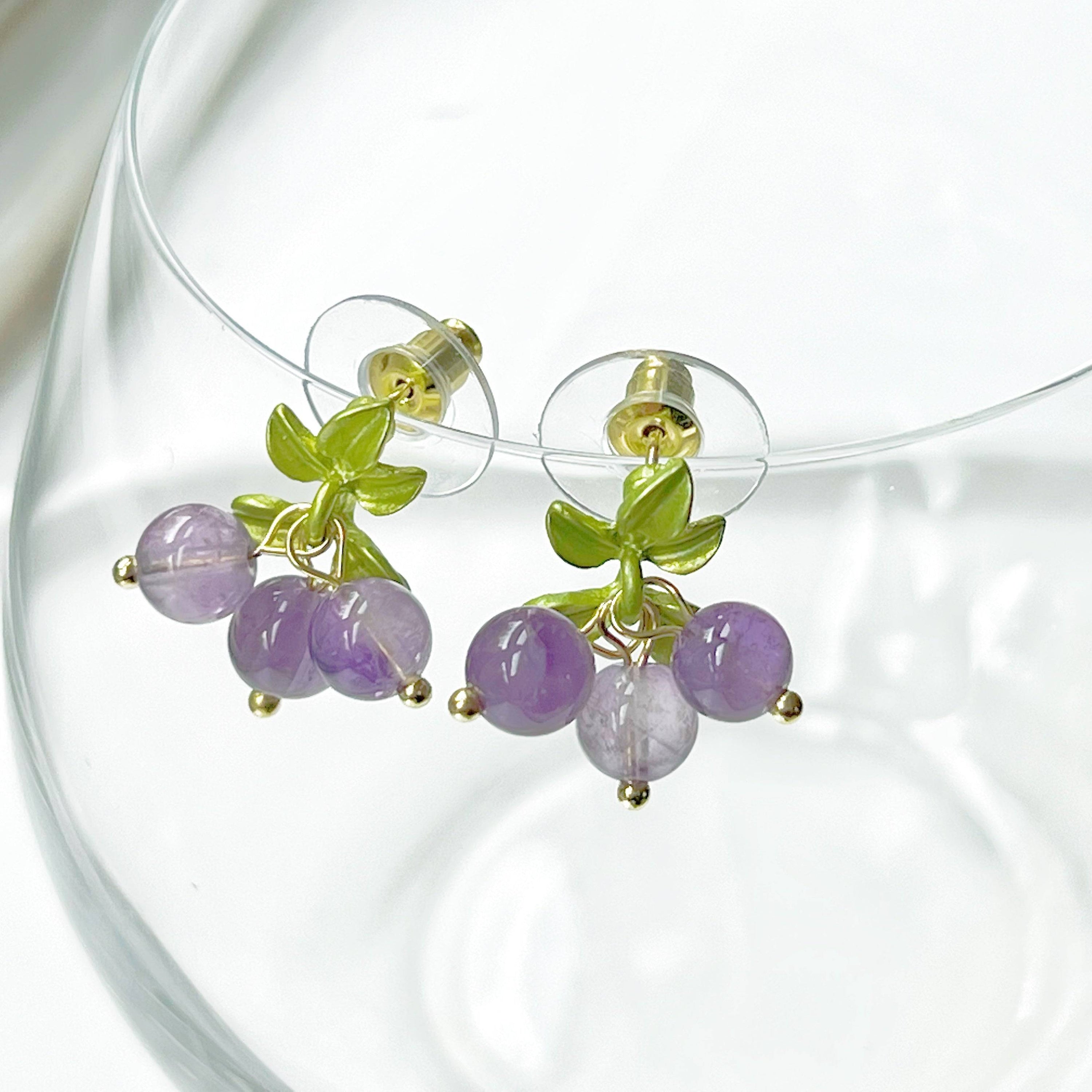 Amethyst Grape Earrings - Natural Purple Crystal Jewelry for February Birthdays and Good Luck Symbolism Bijou Her