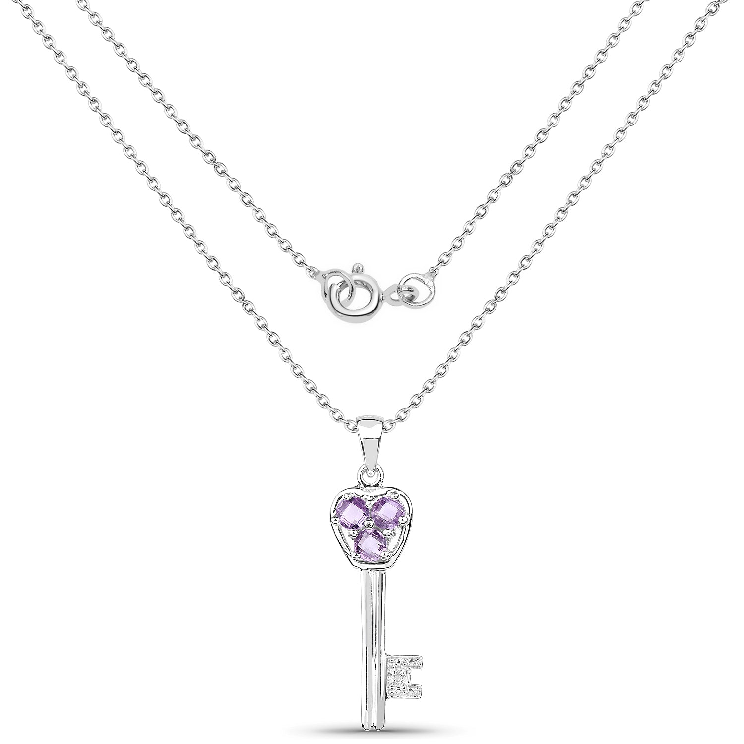 Amethyst and White Diamond Sterling Silver Pendant - 3 Stone Round Purple Women's Necklace Bijou Her