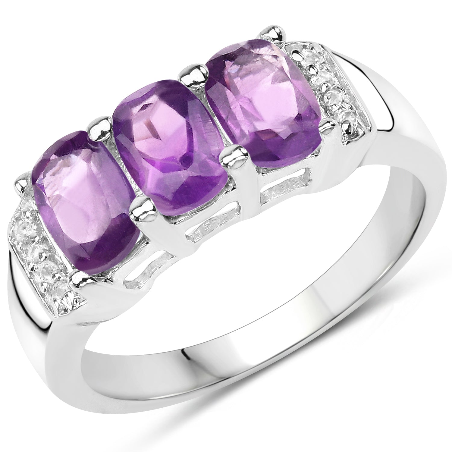 Amethyst and White Topaz Sterling Silver Ring - 1.54 ctw, 3 Stone, Cushion Shape, February Birthstone, Gift for Women Bijou Her