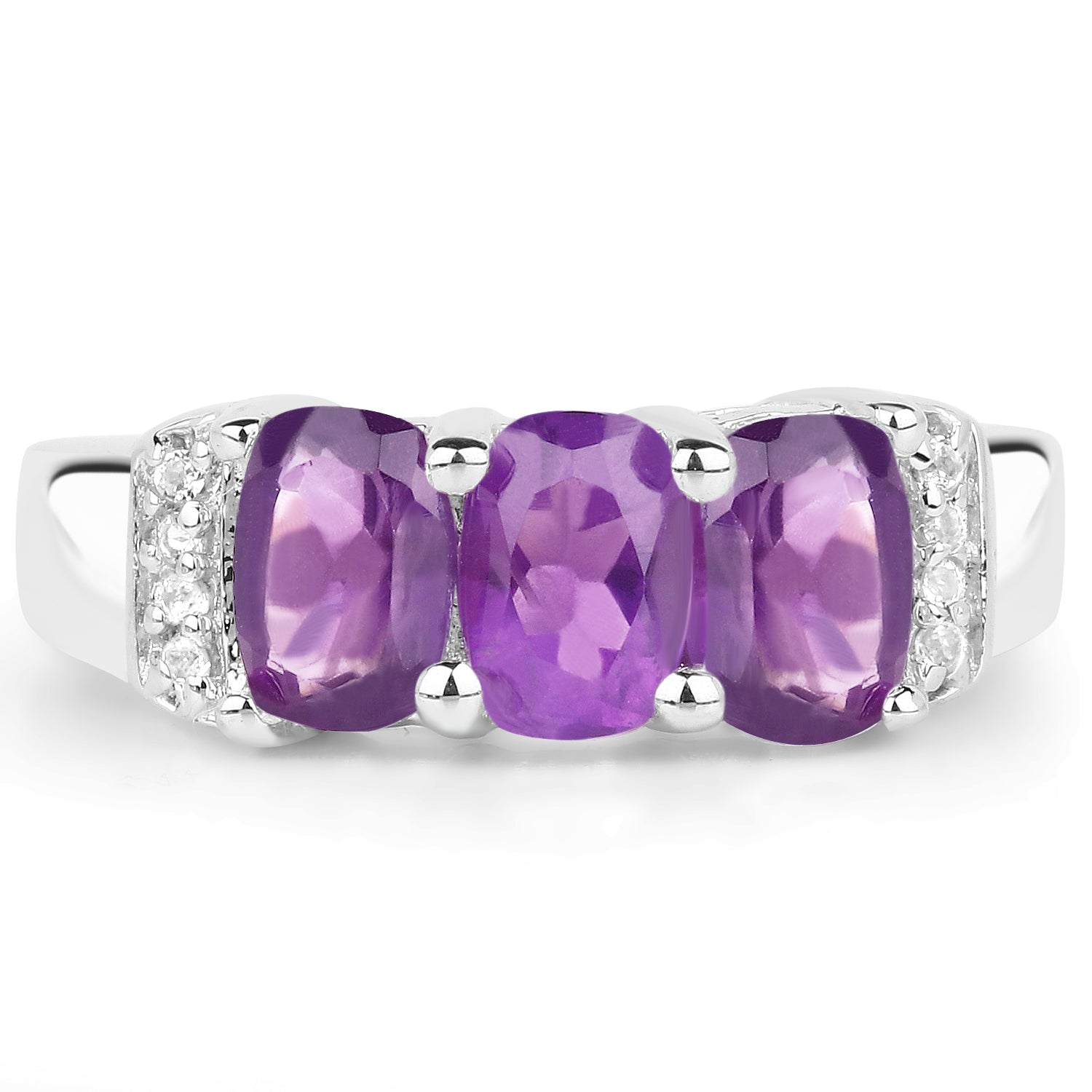 Amethyst and White Topaz Sterling Silver Ring - 1.54 ctw, 3 Stone, Cushion Shape, February Birthstone, Gift for Women Bijou Her