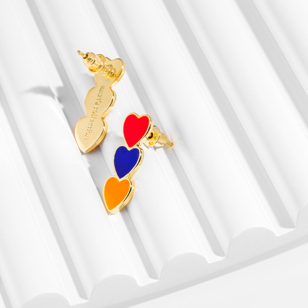 Anet's Collection Hearts of Armenia 18k Gold Plated Toggle Earrings - Tricolor Enamel Hearts Representing Armenian Flag - 1" Length Bijou Her