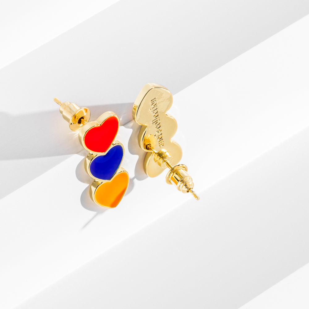 Anet's Collection Hearts of Armenia 18k Gold Plated Toggle Earrings - Tricolor Enamel Hearts Representing Armenian Flag - 1" Length Bijou Her