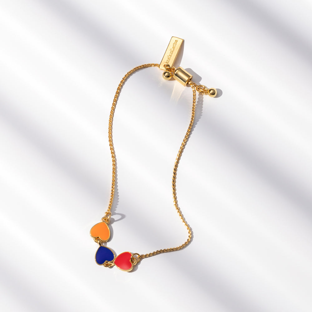 Anet's Collection Hearts of Armenia Bracelet - Enamel Tricolor Hearts on Gold Plated Brass with Adjustable Chain Bijou Her