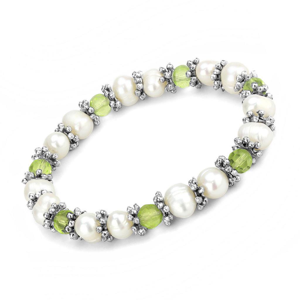 Antique Silver Bracelet with Synthetic Pearl - White Metal, Olivine Color, 22.12g Bijou Her