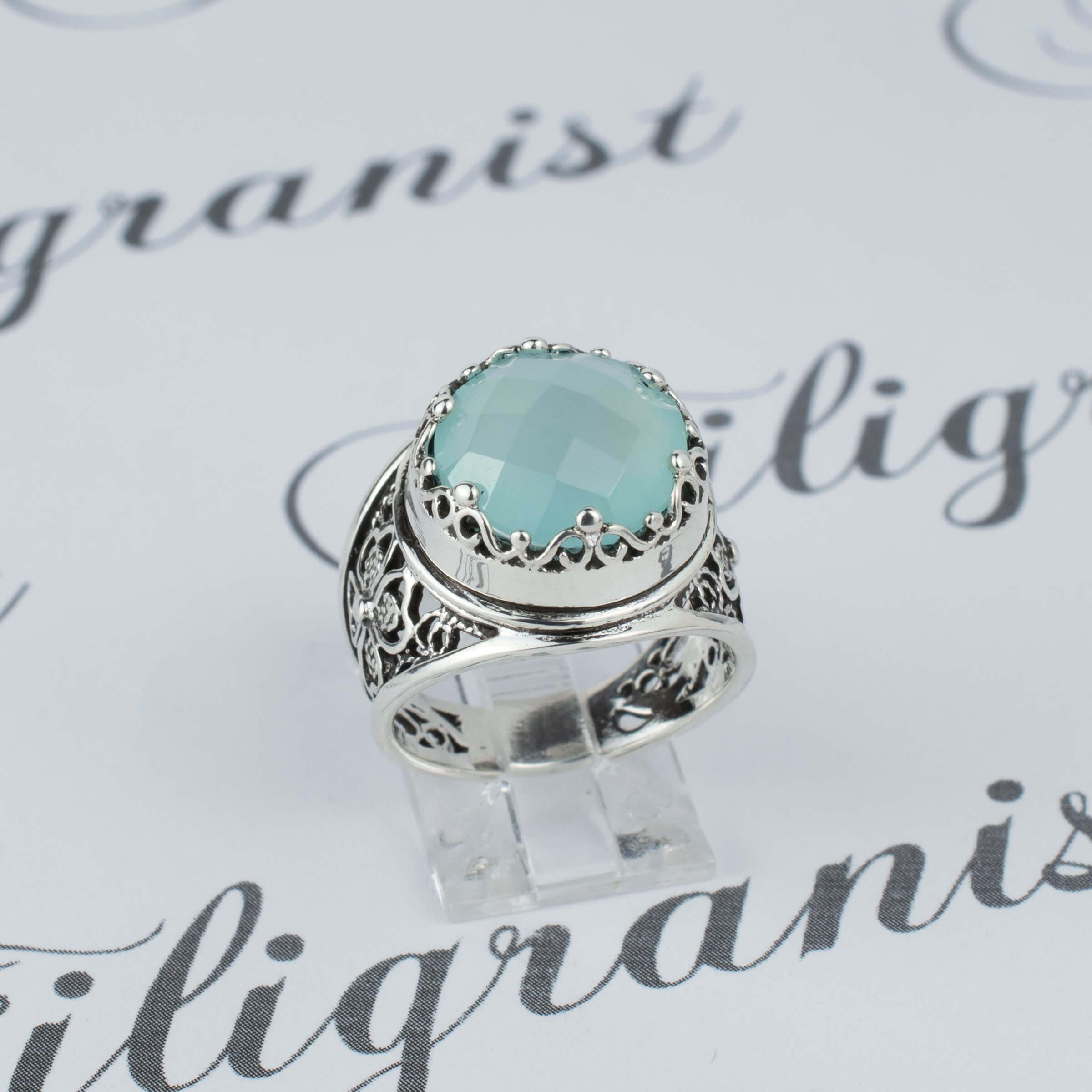 Aqua Chalcedony Filigree Crown Ring - Sterling Silver Gemstone Statement Jewelry Bijou Her