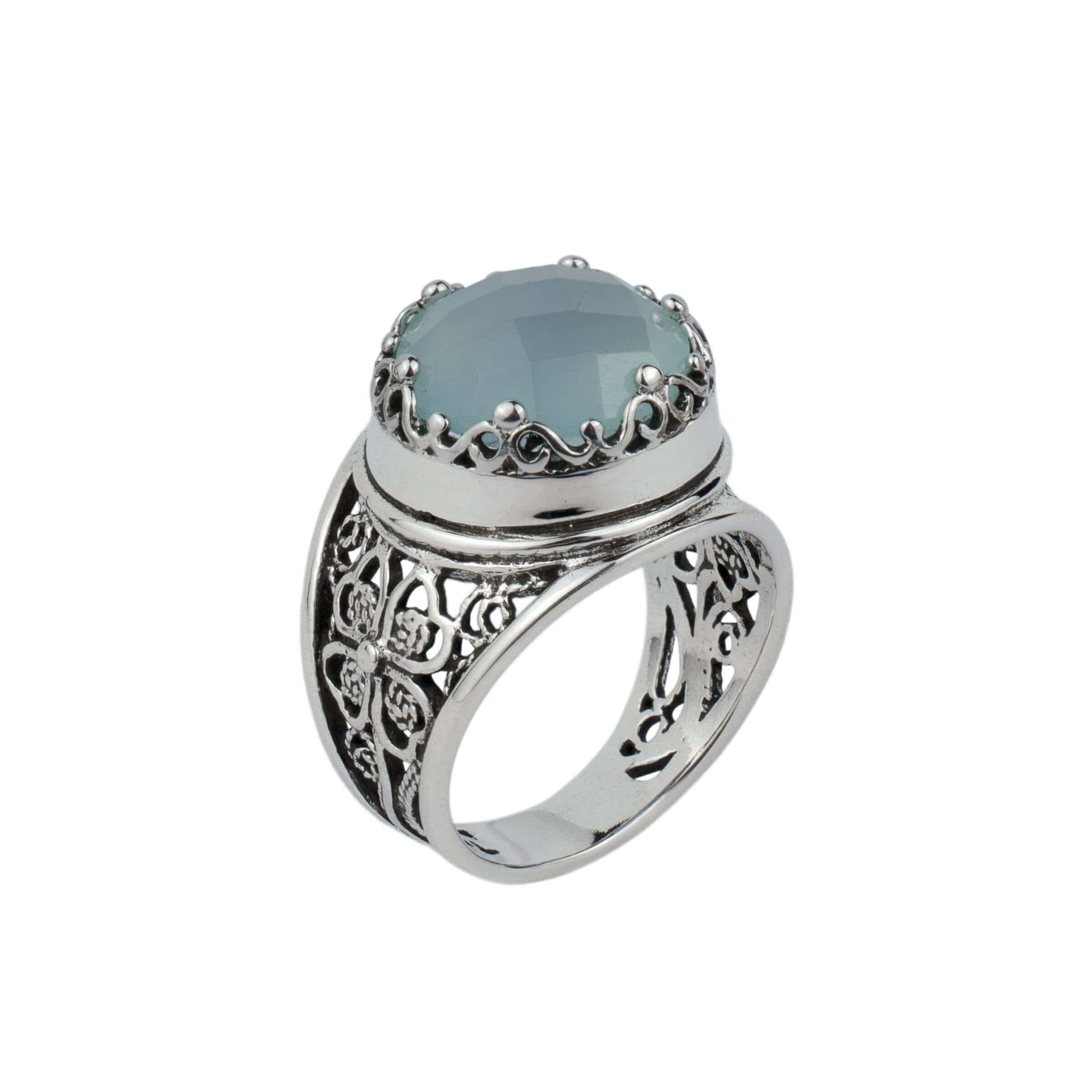 Aqua Chalcedony Filigree Crown Ring - Sterling Silver Gemstone Statement Jewelry Bijou Her