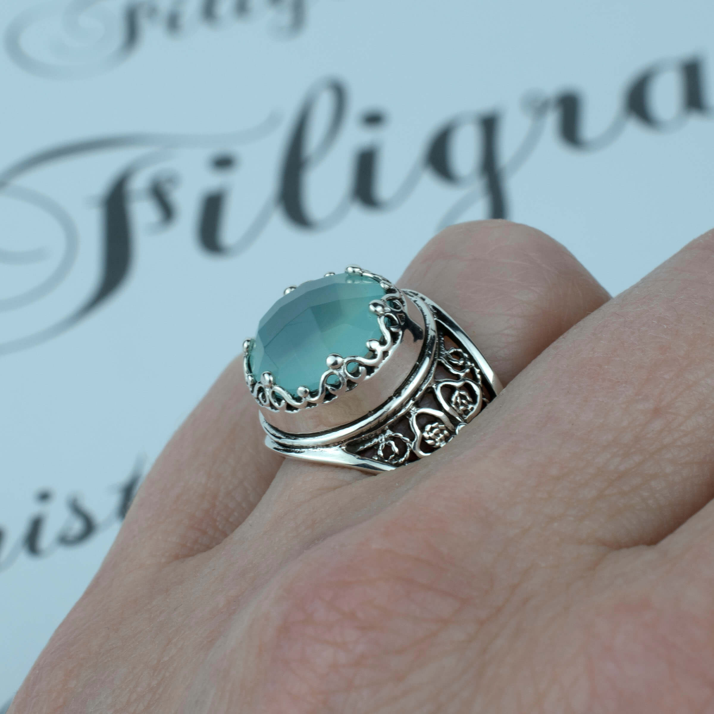 Aqua Chalcedony Filigree Crown Ring - Sterling Silver Gemstone Statement Jewelry Bijou Her