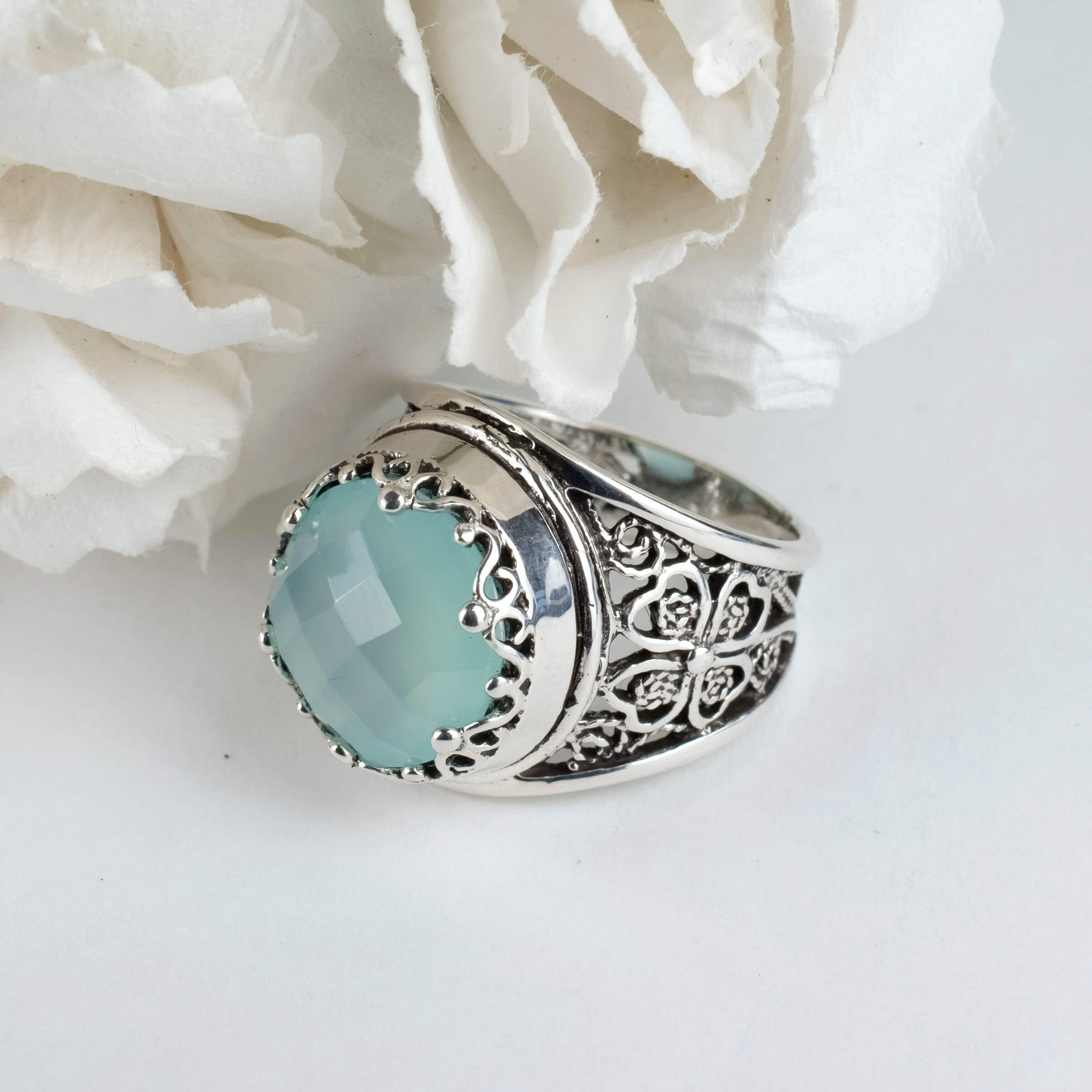 Aqua Chalcedony Filigree Crown Ring - Sterling Silver Gemstone Statement Jewelry Bijou Her