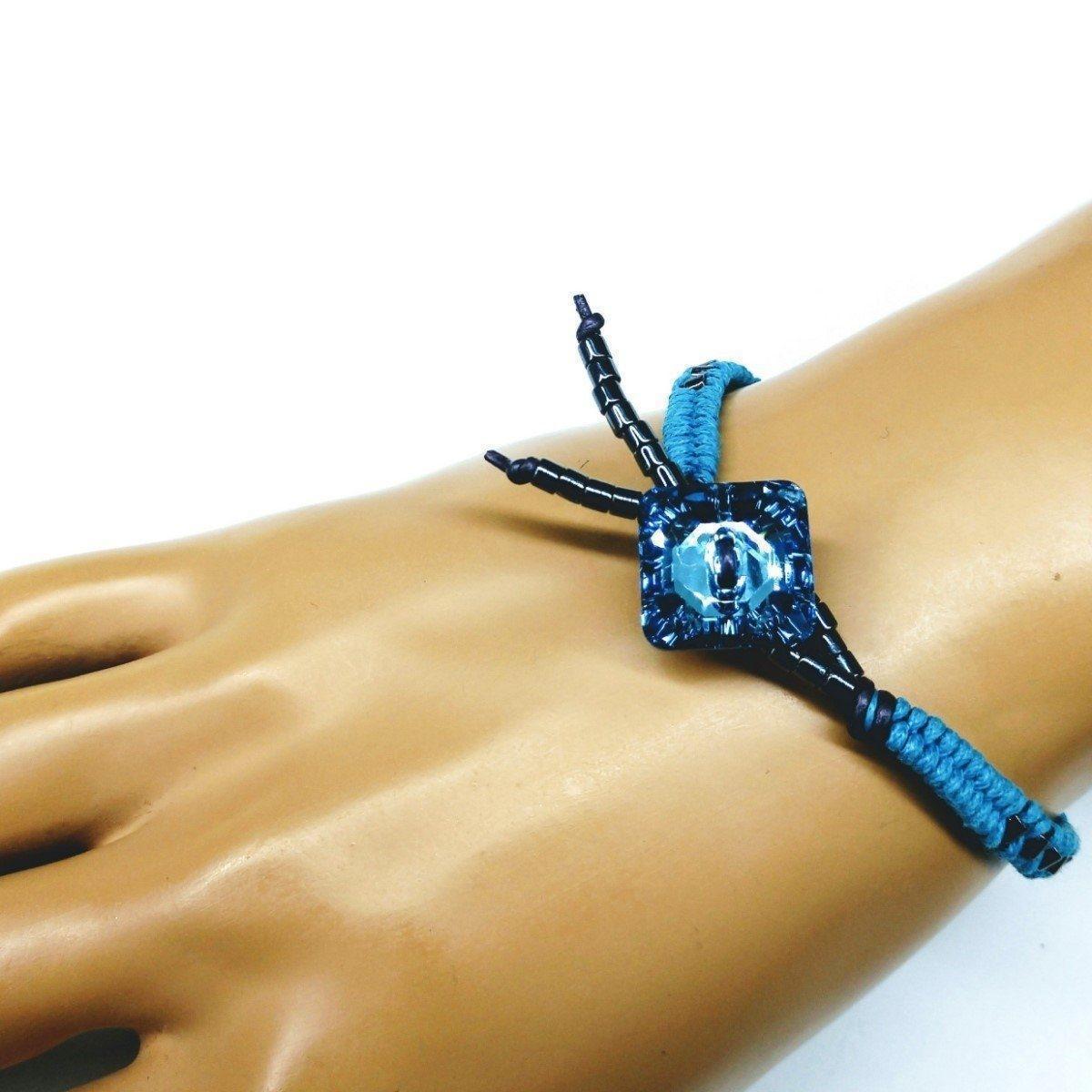 Aqua Hematite Bead Braided Bracelet with Swarovski Crystal Button Bijou Her