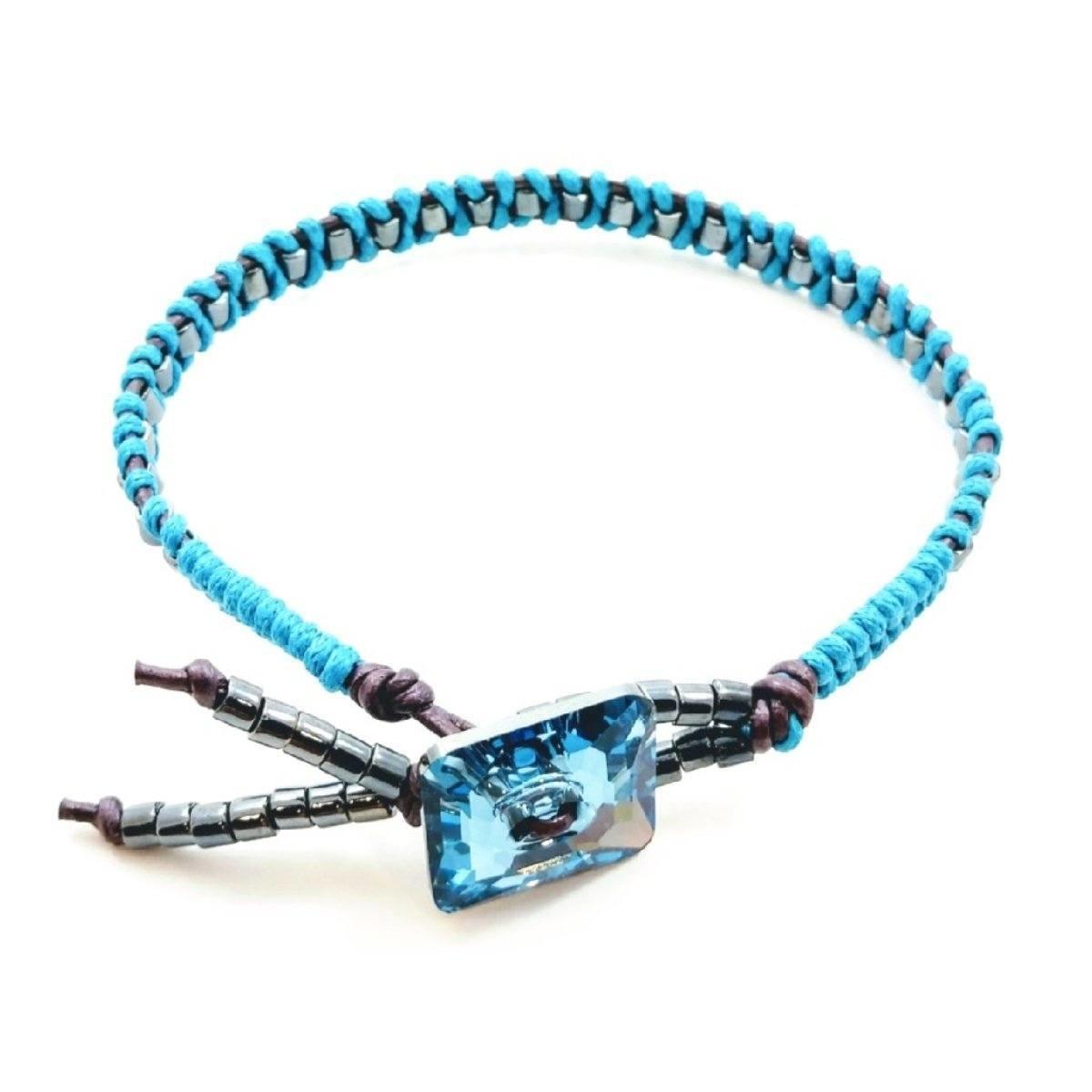 Aqua Hematite Bead Braided Bracelet with Swarovski Crystal Button Bijou Her