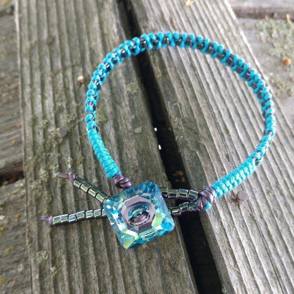 Aqua Hematite Bead Braided Bracelet with Swarovski Crystal Button Bijou Her