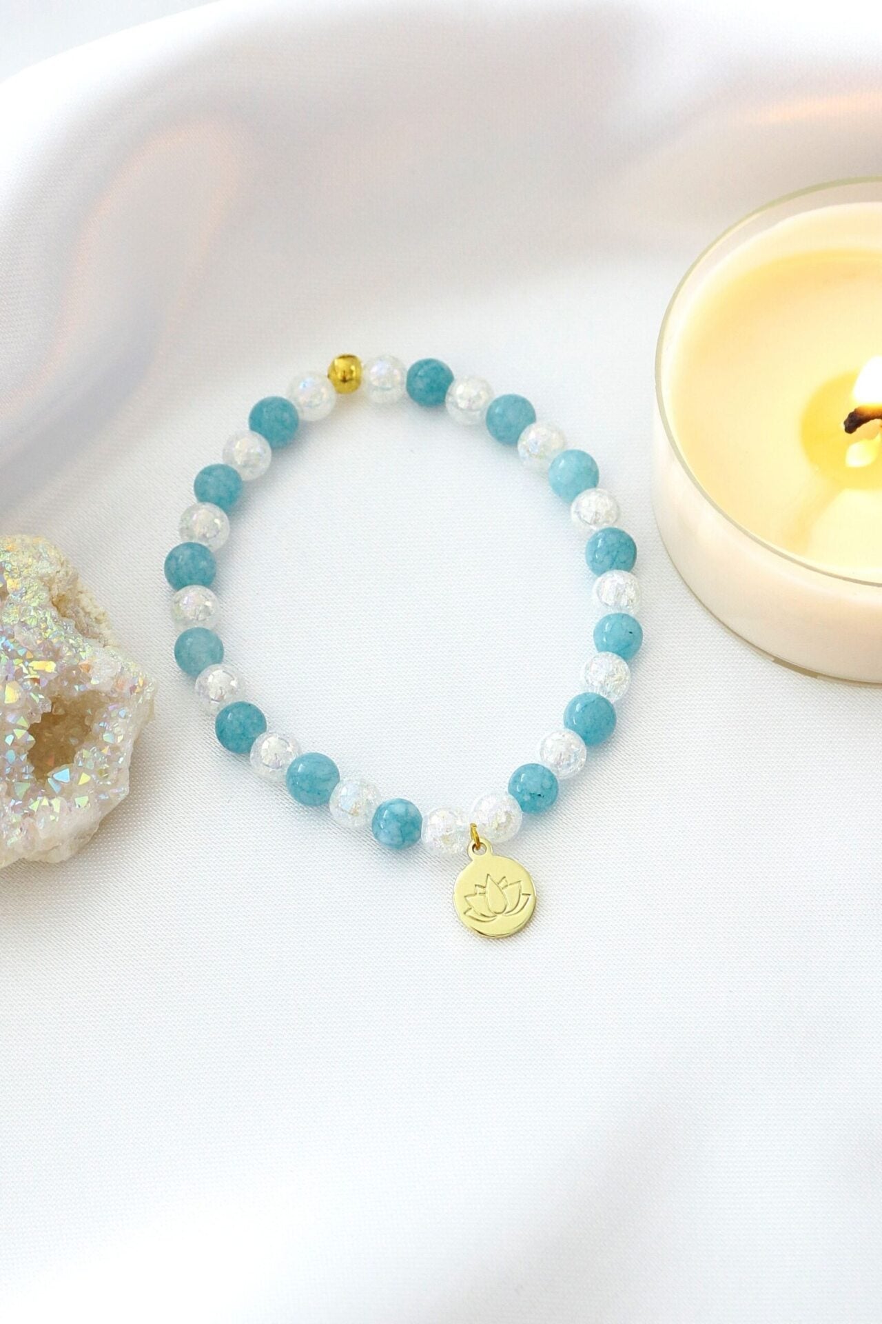 Aquamarine Elastic Bracelet with Lotus Flower Charm - Natural Stone Beads, Handmade in Europe Bijou Her