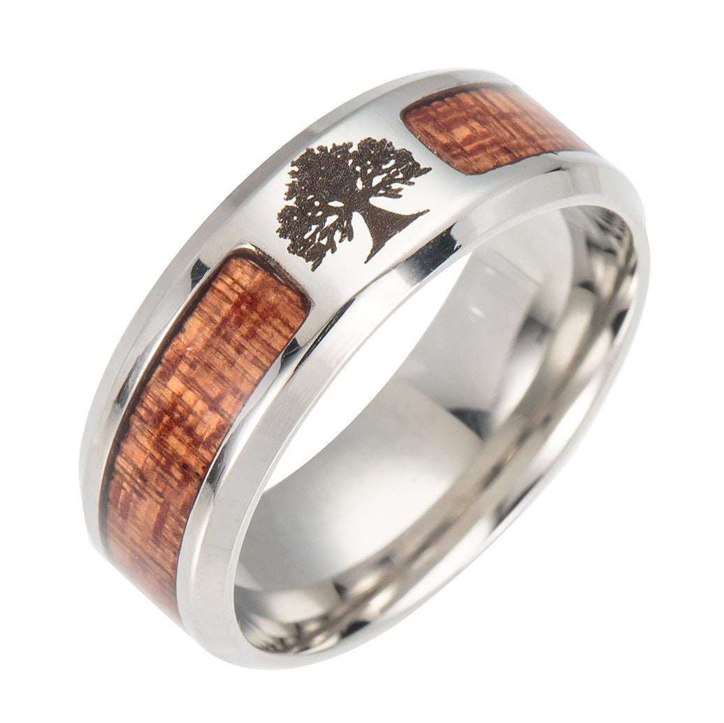 Asgard Crafted Handcrafted Stainless Steel Celtic Tree Of Life And Wood Inset Wedding Ring Bijou Her