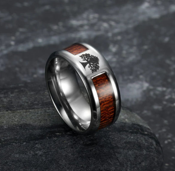 Asgard Crafted Handcrafted Stainless Steel Celtic Tree Of Life And Wood Inset Wedding Ring Bijou Her