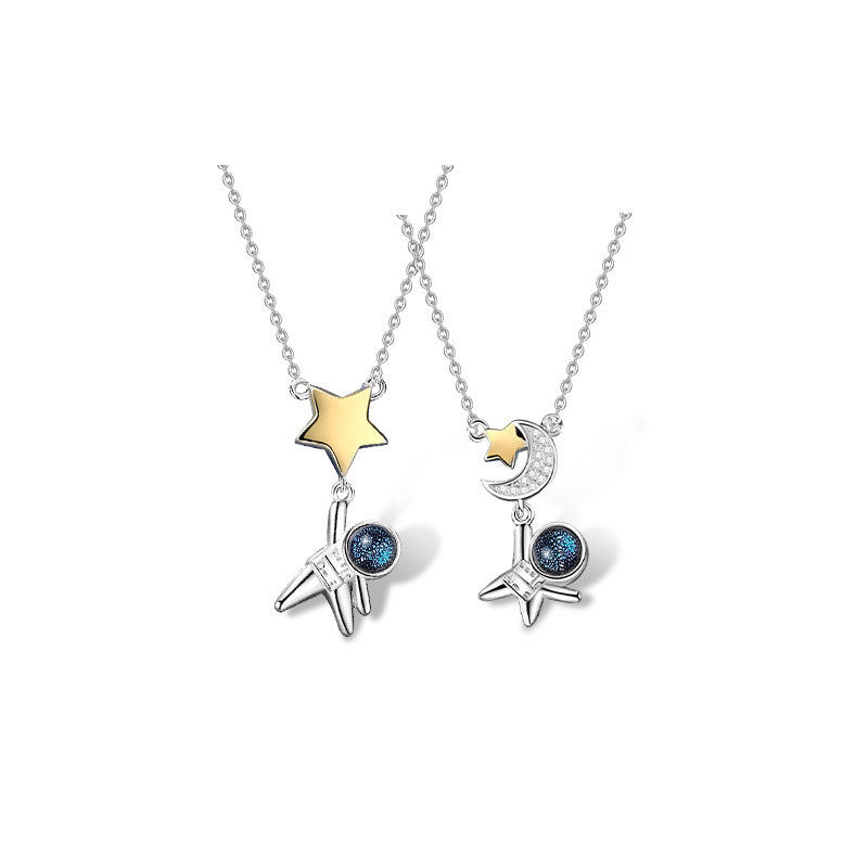 Astronaut Couple Necklace Sterling Silver Male And Female Bijou Her