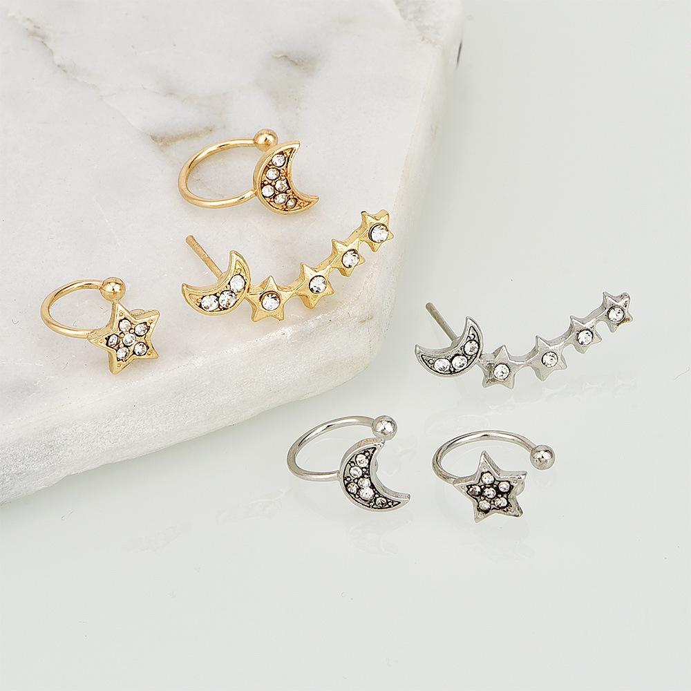 Asymmetrical Moon and Star Earring Set with Cuffs and Crawler - High-Quality Zinc Alloy and Crystal Jewelry Bijou Her