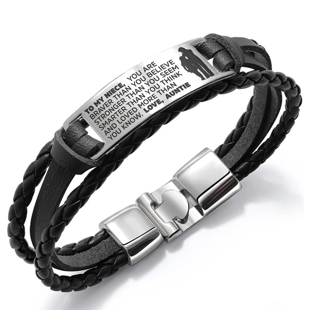 Auntie to Niece Engraved Steel & Leather Bracelet - Holiday Gift Idea Bijou Her