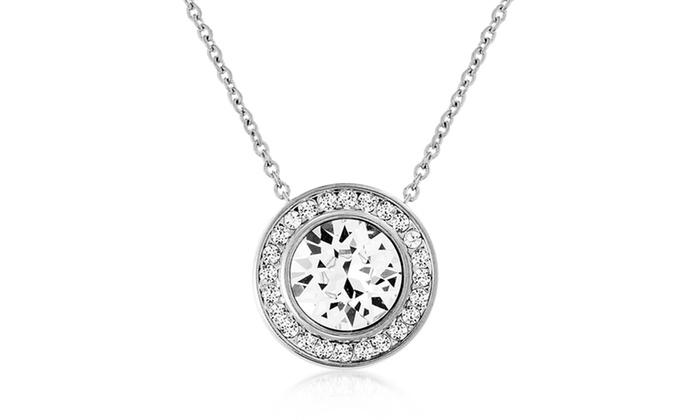 Austrian Crystal Pave Halo Disc Necklace & Stud Earring Set - 18K White Gold Plated with Warranty Card and Gift Box Bijou Her