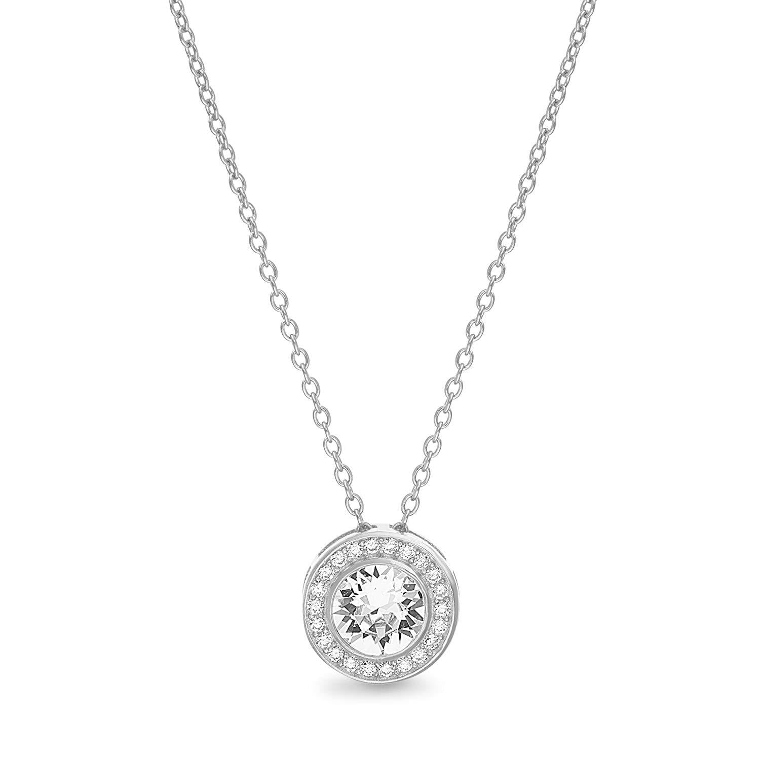 Austrian Crystal Pave Halo Disc Necklace & Stud Earring Set - 18K White Gold Plated with Warranty Card and Gift Box Bijou Her