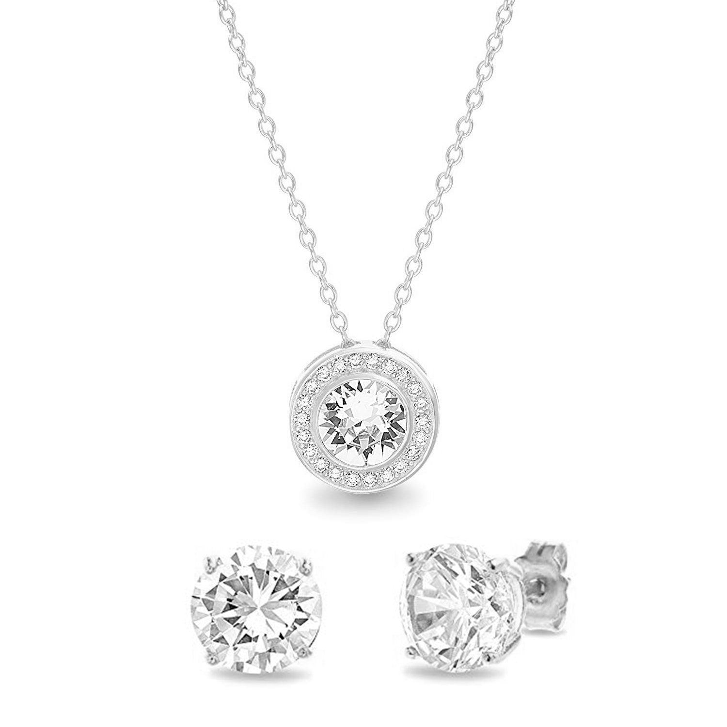 Austrian Crystal Pave Halo Disc Necklace & Stud Earring Set - 18K White Gold Plated with Warranty Card and Gift Box Bijou Her