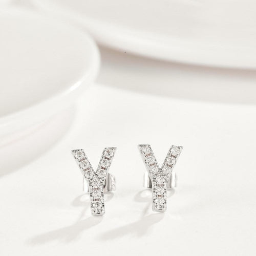 Austrian Crystal Pave Monogram Earrings in 18K White Gold - Personalized Studs with Initials Bijou Her