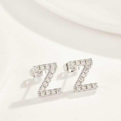 Austrian Crystal Pave Monogram Earrings in 18K White Gold - Personalized Studs with Initials Bijou Her