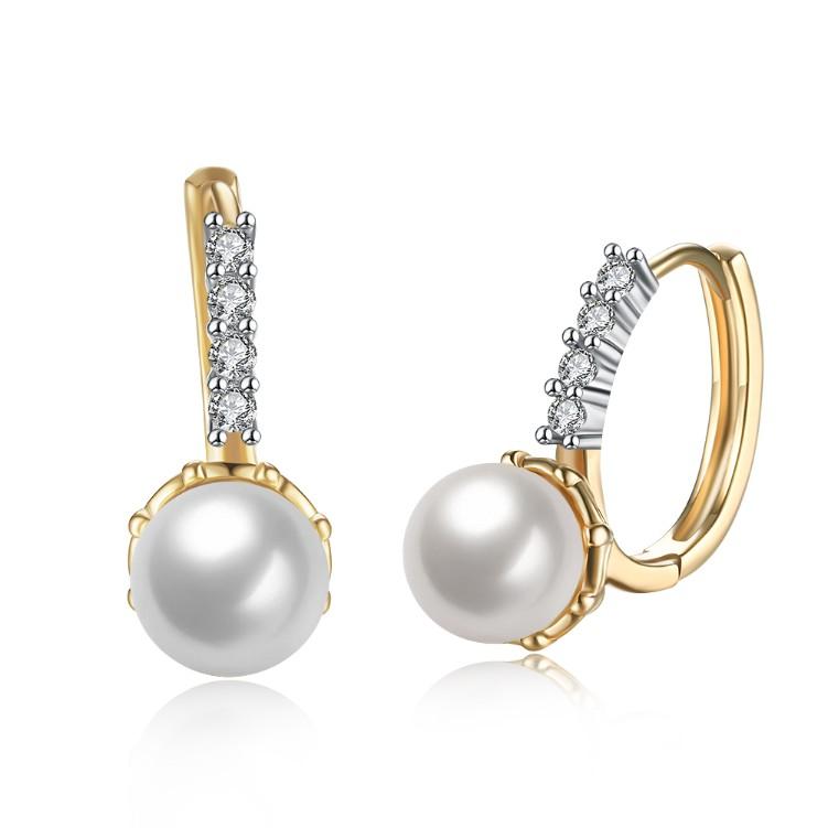 Austrian Crystal Pearl Huggie Earrings in 18K Gold Plating with Curved Pavé Design Bijou Her