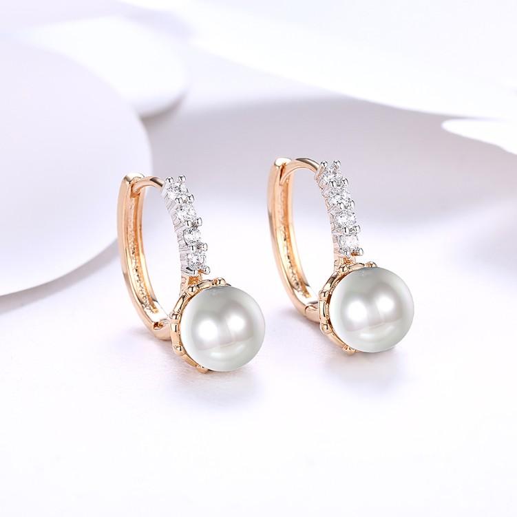 Austrian Crystal Pearl Huggie Earrings in 18K Gold Plating with Curved Pavé Design Bijou Her