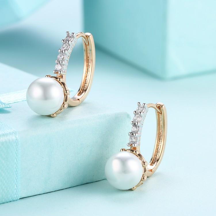 Austrian Crystal Pearl Huggie Earrings in 18K Gold Plating with Curved Pavé Design Bijou Her