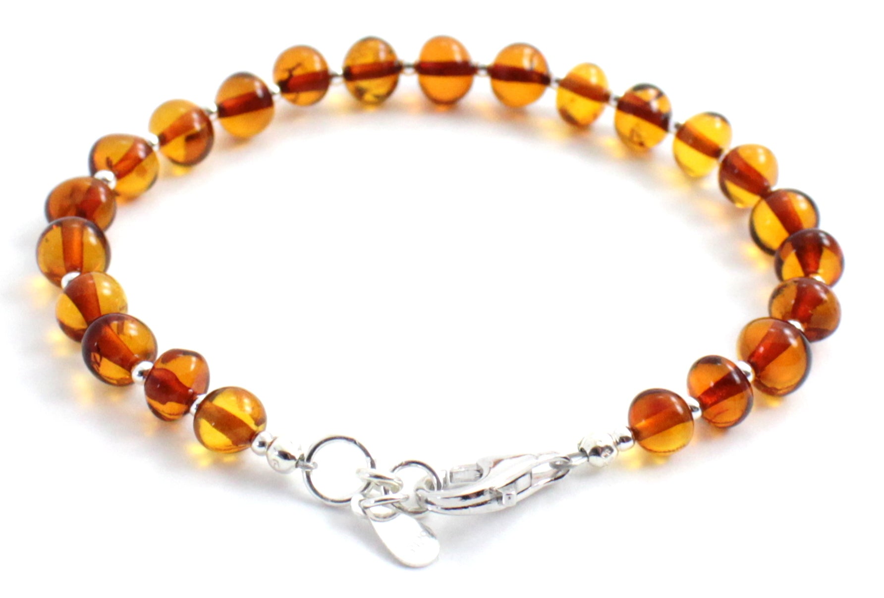 Baltic Amber Beaded Bracelet with Sterling Silver 925 for Men and Women - Cognac Brown Gemstone Jewelry Bijou Her