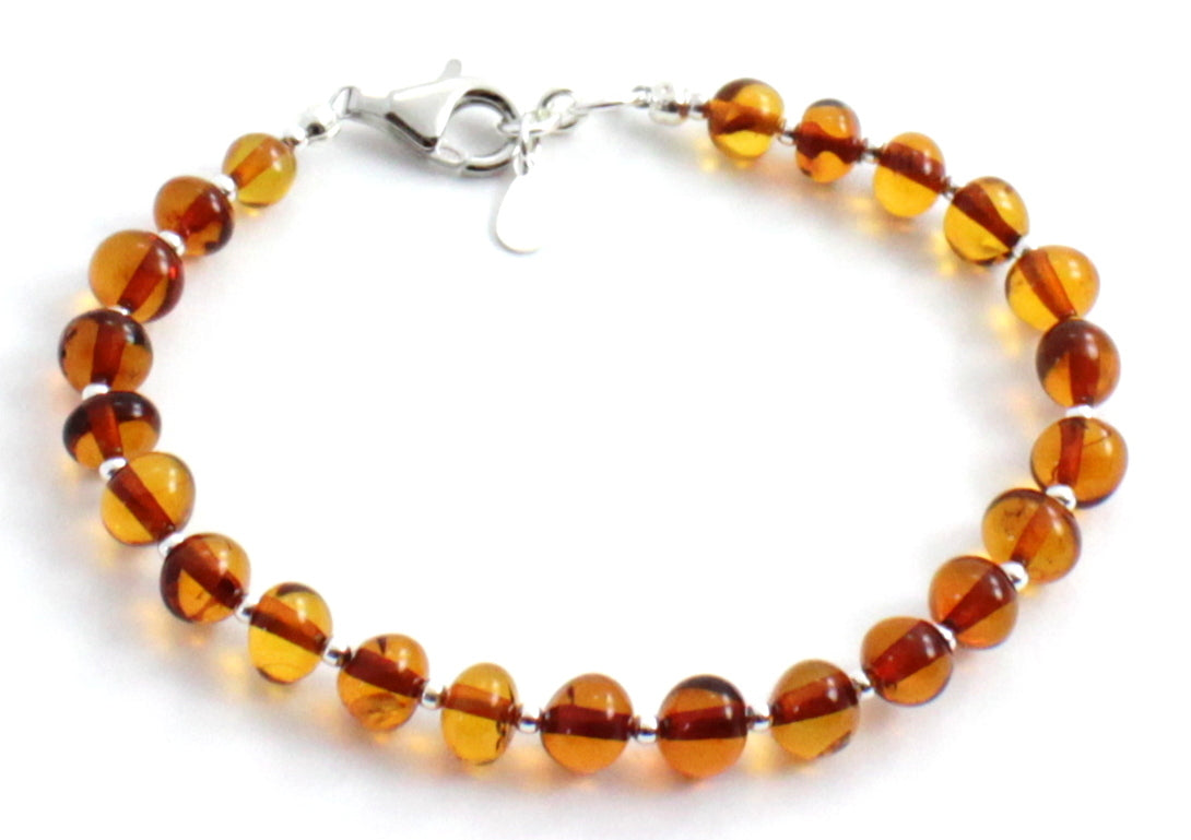 Baltic Amber Beaded Bracelet with Sterling Silver 925 for Men and Women - Cognac Brown Gemstone Jewelry Bijou Her