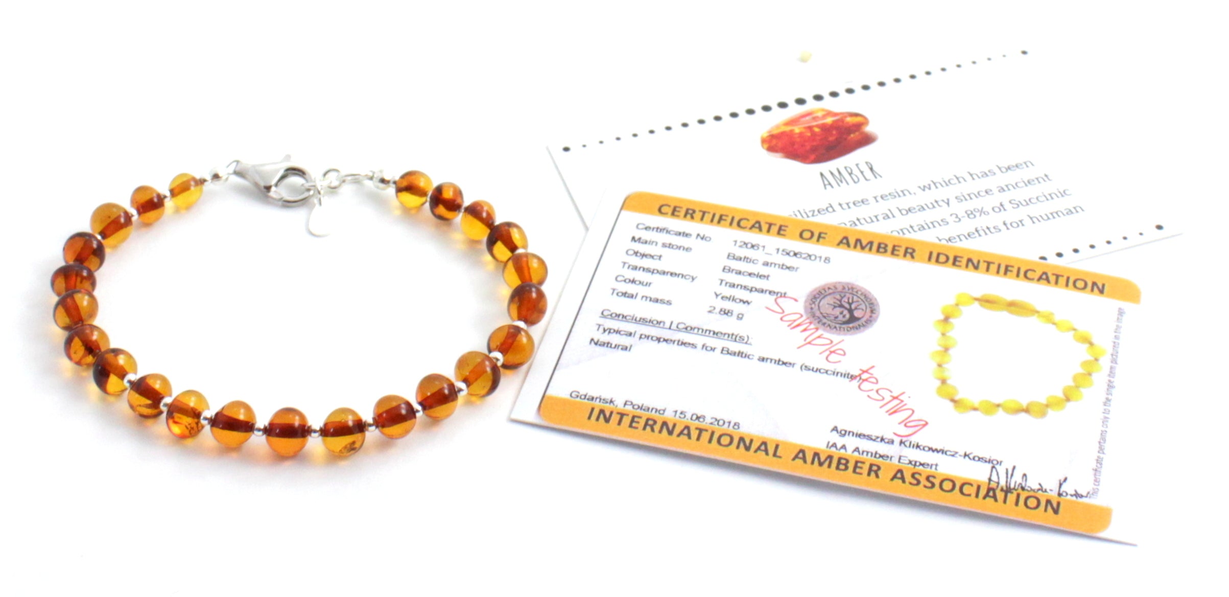 Baltic Amber Beaded Bracelet with Sterling Silver 925 for Men and Women - Cognac Brown Gemstone Jewelry Bijou Her