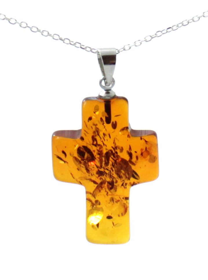Baltic Amber Cross Pendant Necklace - Sterling Silver 925 Jewelry - Honey Golden Color - Polished Surface - Small Minimalist Religious Pendant Bijou Her