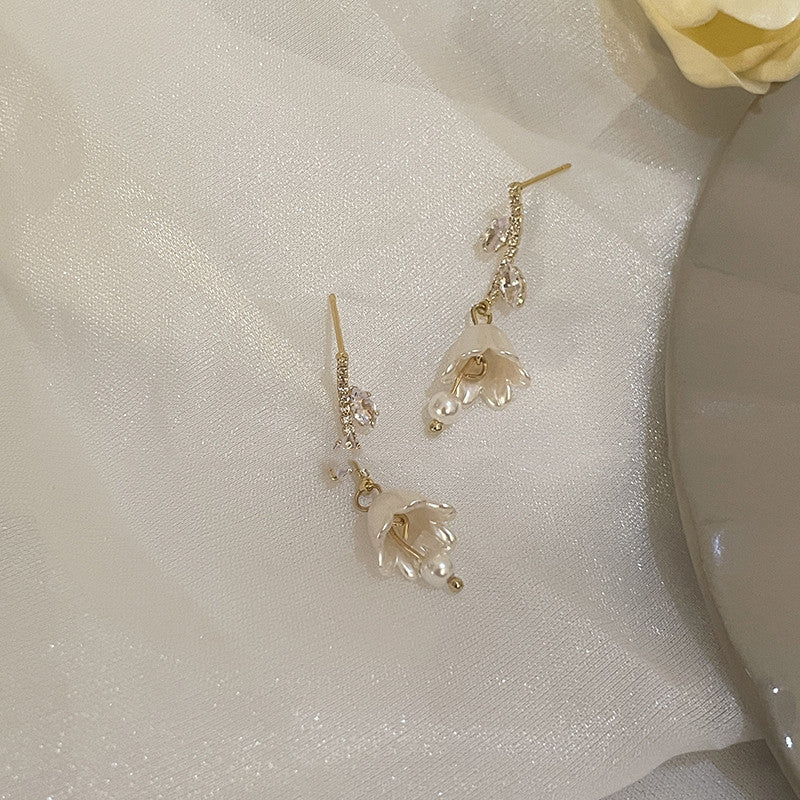 Bell Orchid Pearl Tassel Zircon Earrings Female Bijou Her