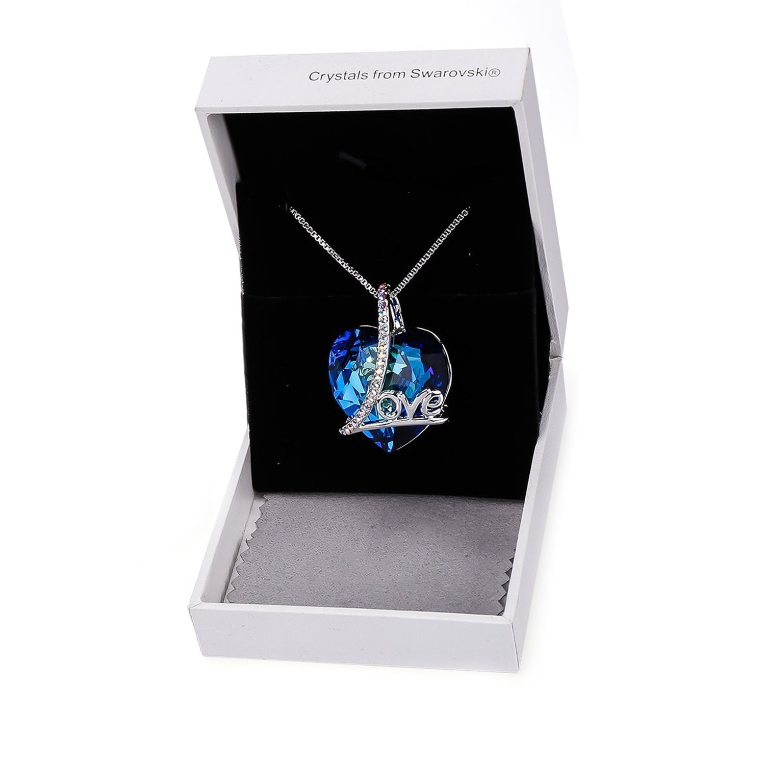 Bermuda Blue Heart Necklace in Rhodium Plating - 18" Chain<br>Cubic Zirconia Stone, Link Chain, Lobster Clasp<br>Lead &amp; Nickel Free, Perfect for All Occasions Bijou Her