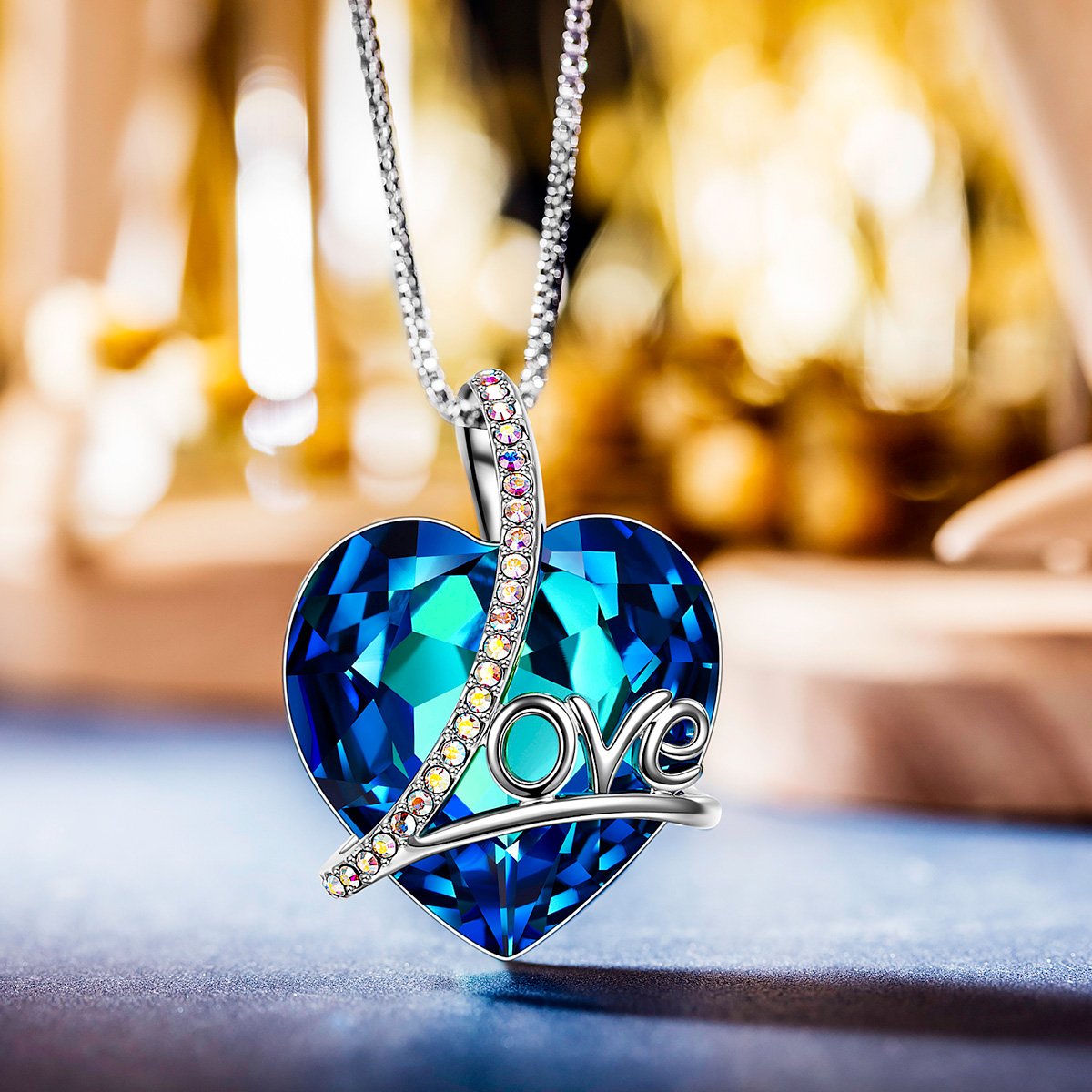 Bermuda Blue Heart Necklace in Rhodium Plating - 18" Chain<br>Cubic Zirconia Stone, Link Chain, Lobster Clasp<br>Lead &amp; Nickel Free, Perfect for All Occasions Bijou Her