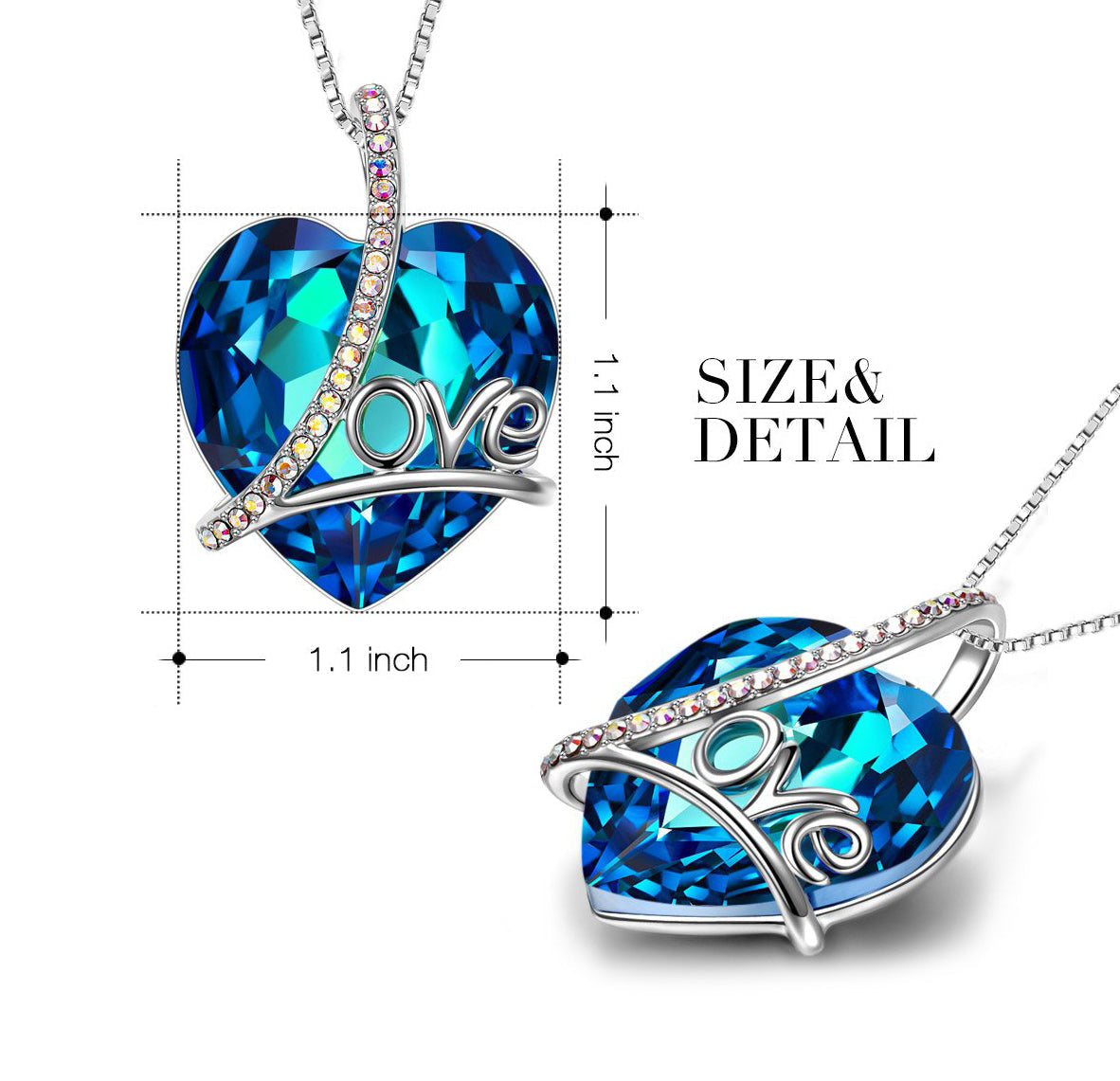 Bermuda Blue Heart Necklace in Rhodium Plating - 18" Chain<br>Cubic Zirconia Stone, Link Chain, Lobster Clasp<br>Lead &amp; Nickel Free, Perfect for All Occasions Bijou Her