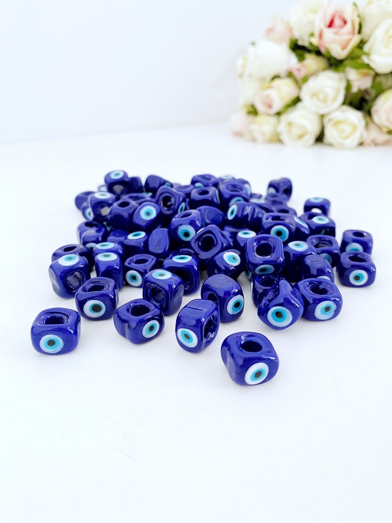 Big Evil Eye Cube Beads - Blue Glass DIY Jewelry Supplies - 5 pcs - Lucky Symbol Cube Beads - Nazar Boncuk - Greek Evil Eye Bijou Her