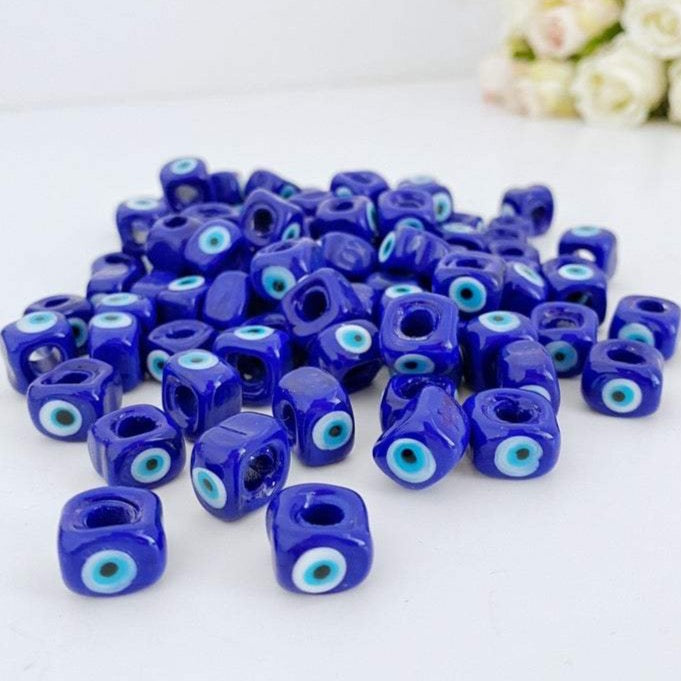 Big Evil Eye Cube Beads - Blue Glass DIY Jewelry Supplies - 5 pcs - Lucky Symbol Cube Beads - Nazar Boncuk - Greek Evil Eye Bijou Her