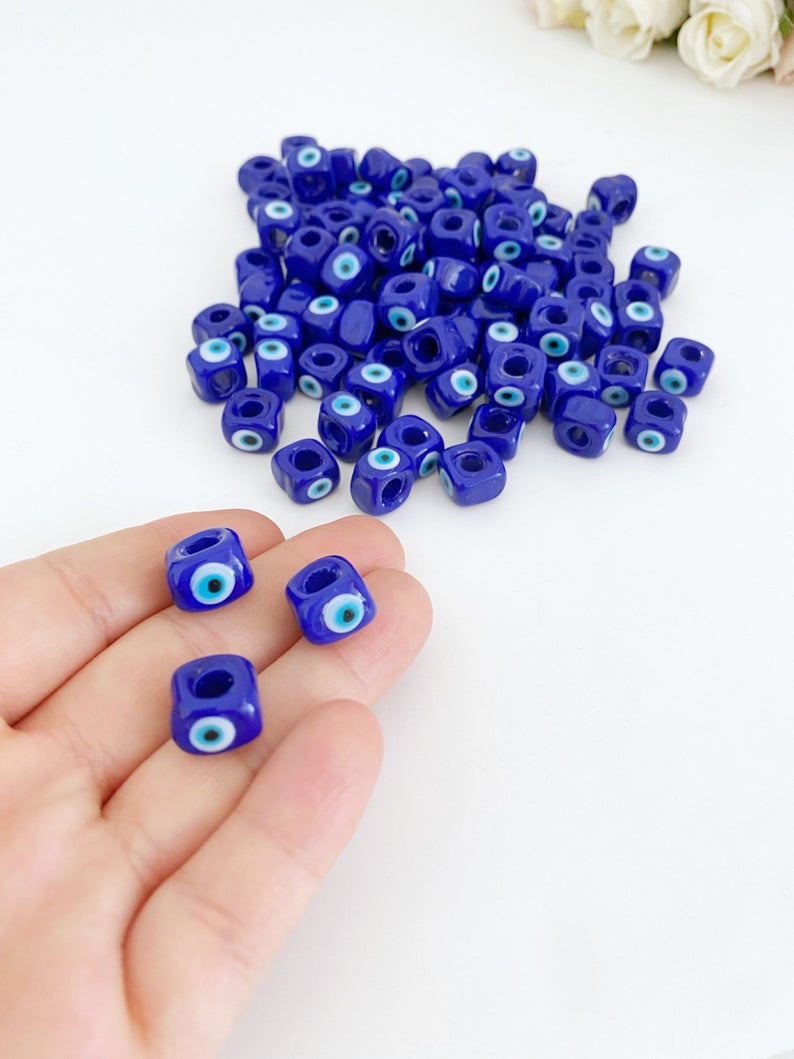 Big Evil Eye Cube Beads - Blue Glass DIY Jewelry Supplies - 5 pcs - Lucky Symbol Cube Beads - Nazar Boncuk - Greek Evil Eye Bijou Her