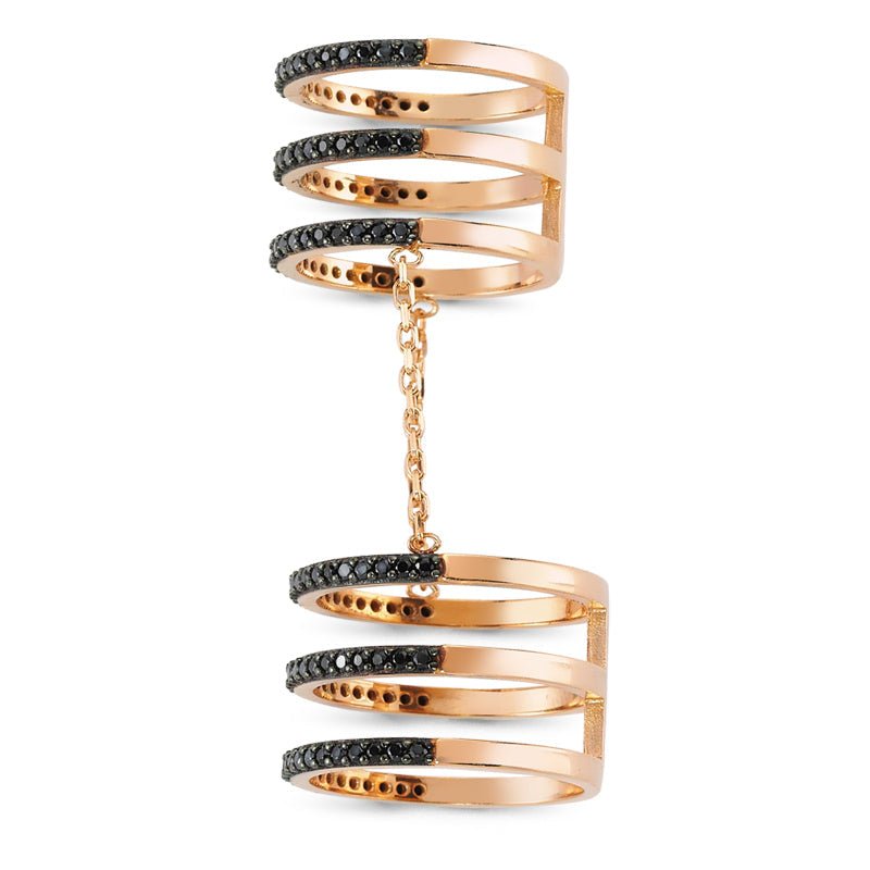 Black CZ Crystal Triple Band Linked Silver Stacked Ring - Handmade 925 Sterling Silver with 18K Rose Gold, 18K Gold or Rhodium Plating Bijou Her