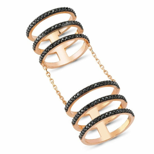 Black CZ Crystal Triple Band Linked Silver Stacked Ring - Handmade 925 Sterling Silver with 18K Rose Gold, 18K Gold or Rhodium Plating Bijou Her