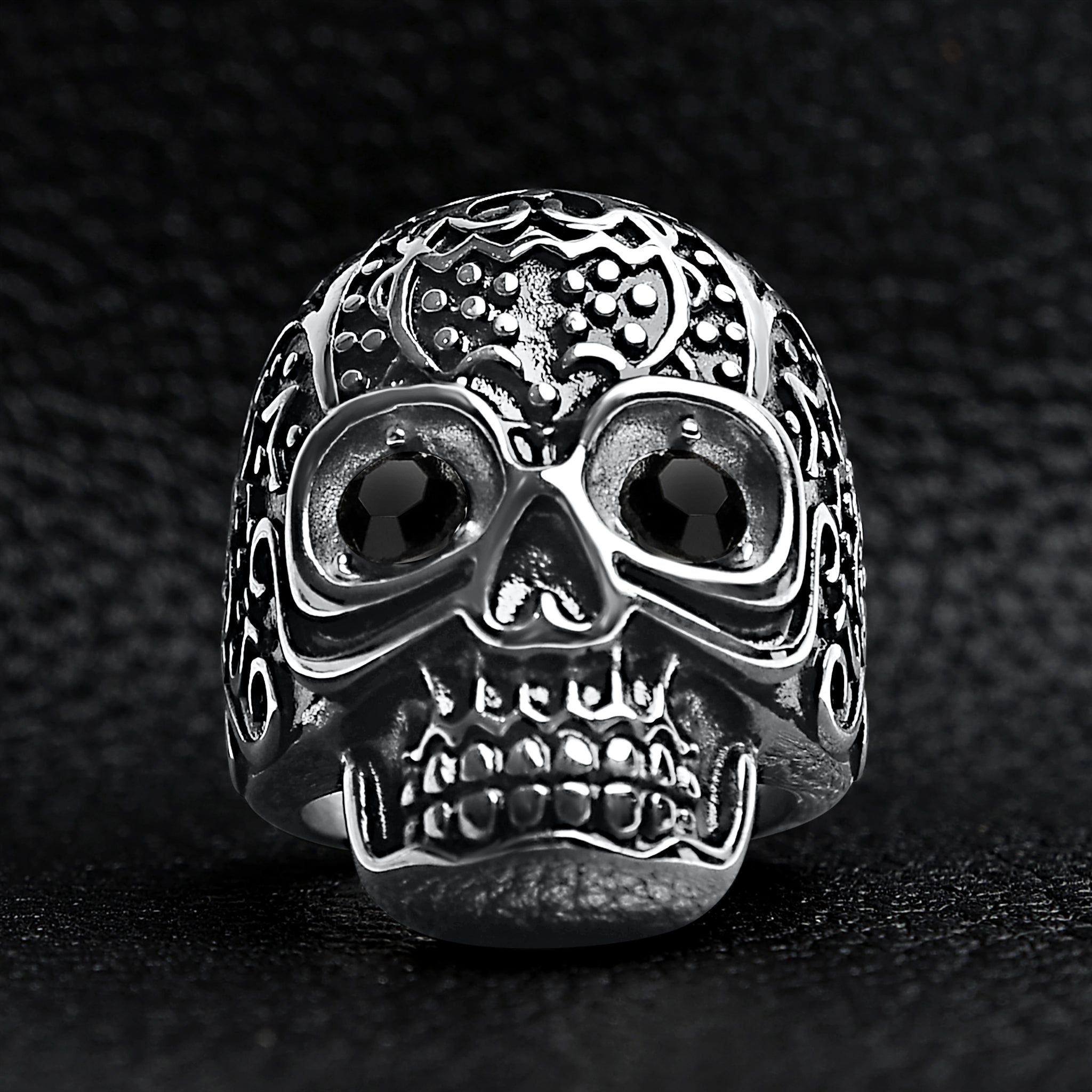 Black CZ Detailed Skull Stainless Steel Ring - Edgy Biker/Goth Accessory Bijou Her