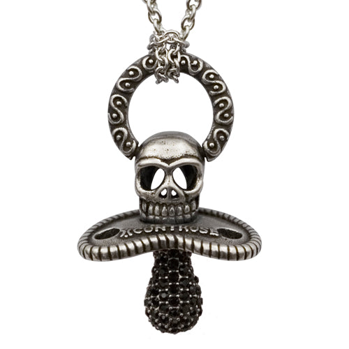 Black CZ Skull Pacifier Necklace - Stainless Steel Pendant with 78 Crystals Bijou Her