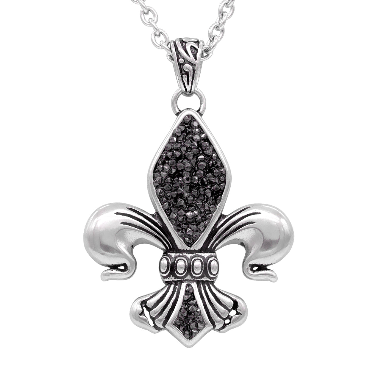 Black Fleur-de-Lis Necklace with Glimmering Stones - Stainless Steel Pendant Jewelry Accessory Bijou Her